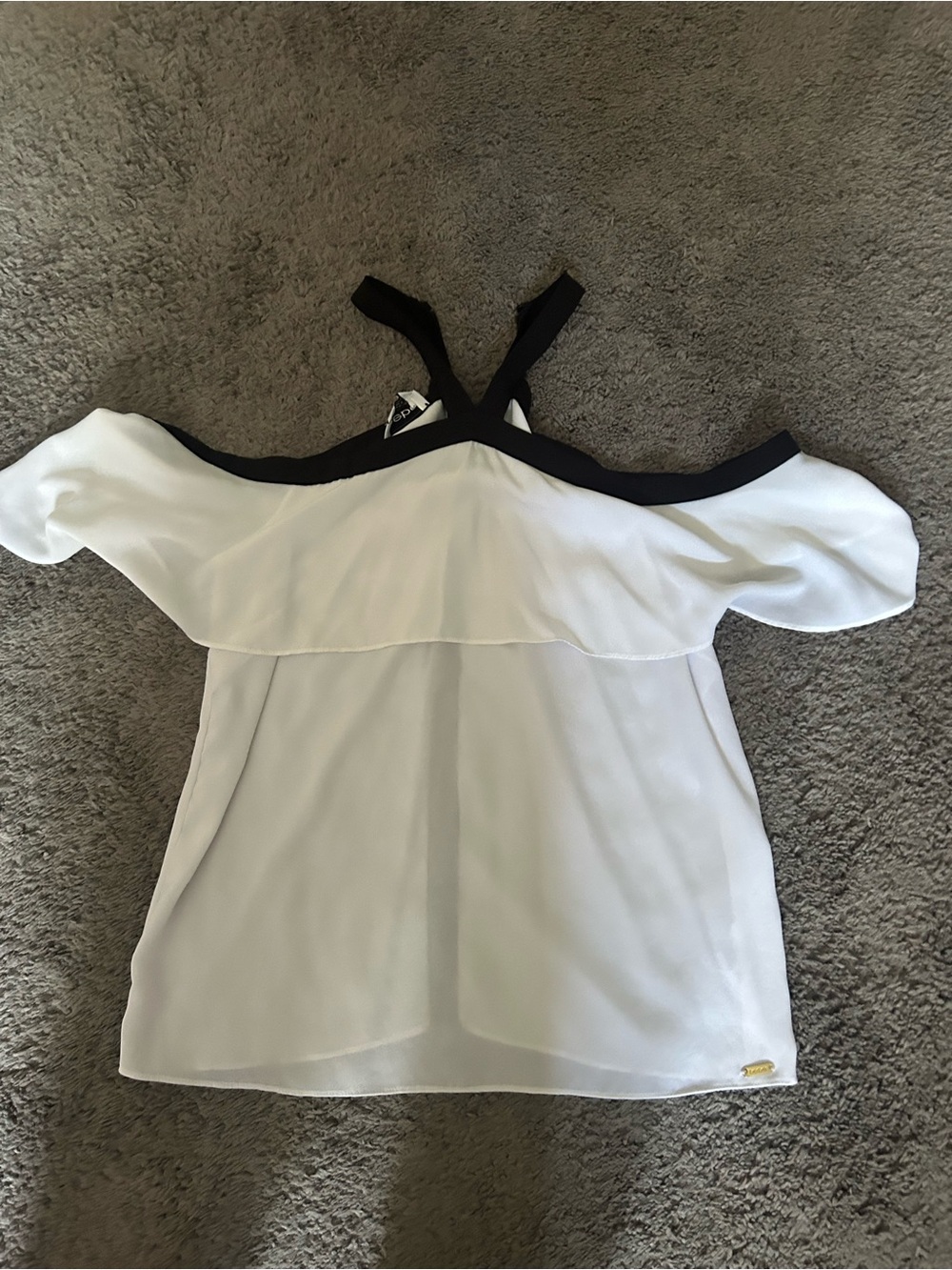bebe White Off-Shoulder Blouse with Black Trim